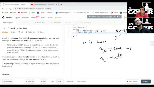 Count Good Numbers || Recursion 10 |Placement Preparation Series |Medium || C++ || LeetCode 1922 | смотреть онлайн