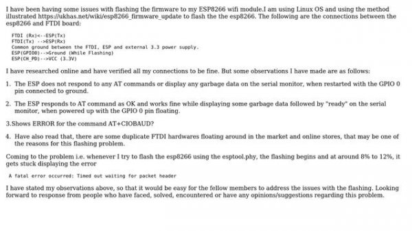ESP8266 Flashing Problem-A fatal error occurred: Timed out waiting for packet header