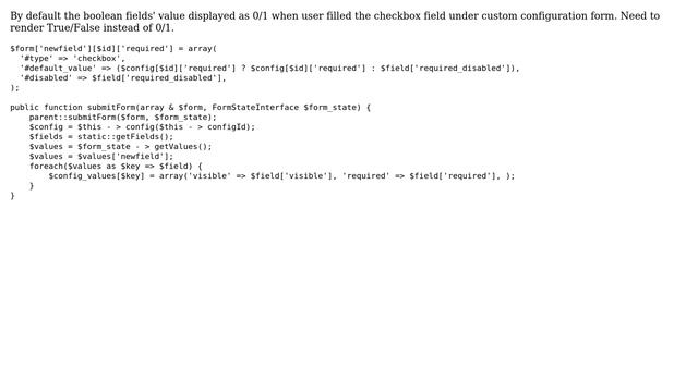 Drupal: Drupal 8 Display True/False instead 0/1 on checkbox value in ConfigFormBase смотреть онлайн