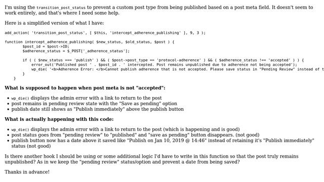 Wordpress: Prevent publish status/date saved on transition_post_status hook смотреть онлайн