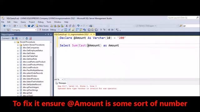 MSSQL - Fix Error Operand data type varchar is invalid for sum operator смотреть онлайн
