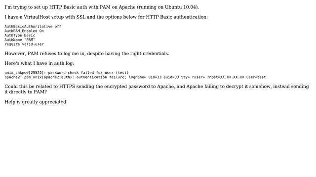 PAM authentication failure with HTTP Basic auth and mod_auth_pam on Apache смотреть онлайн