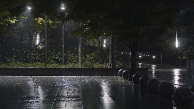 Сильный дождь и гроза в парке ночью