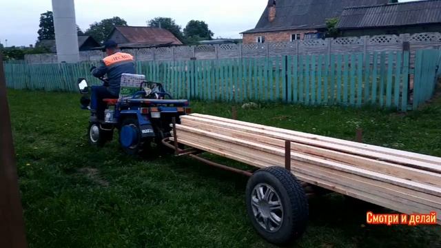 Мотоблок с прицепом, перевозка досок. смотреть онлайн