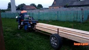 Мотоблок с прицепом, перевозка досок.