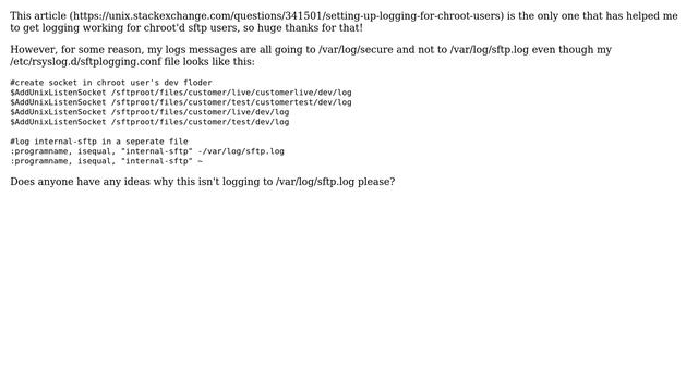 Unix & Linux: SFTP not logging to /var/log/sftp.log смотреть онлайн