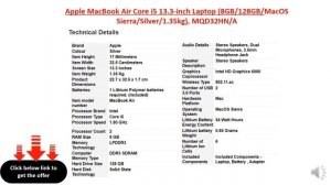 Apple MacBook Air Core i5 13.3-inch Laptop (8GB/128GB/MacOS Sierra/Silver/1.35kg), MQD32HN/A