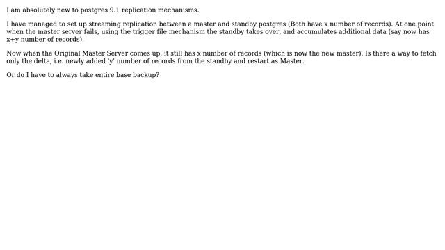 Postgres Streaming Replication: How to re-sync data in master (with standby) after failover смотреть онлайн