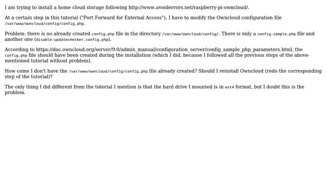 Owncloud: configuration file config.php absent from the /var/www/owncloud/config/ directory смотреть онлайн
