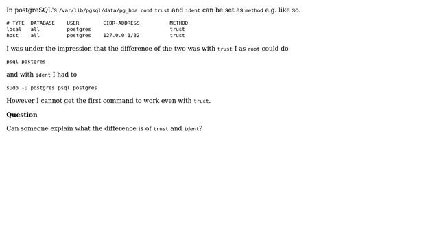 Difference of postgreSQL's "trust" and "ident"? (2 Solutions!!) смотреть онлайн