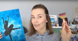 1. Делаем фон при помощи круглого спонжика и рисуем силуэт балерины