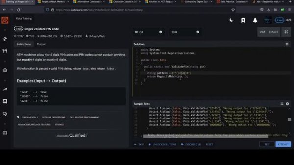 Code Wars C# 7 kyu: Regex Validate PIN Code