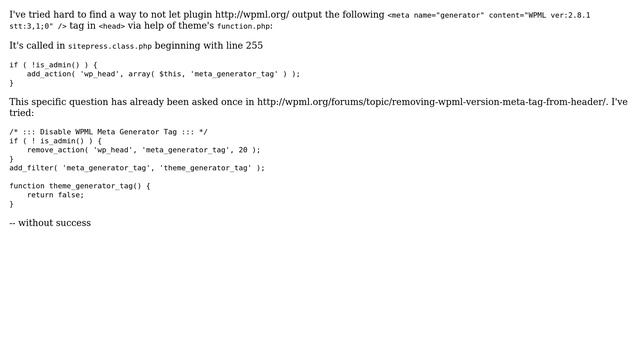 How to remove WPML Generator Meta Tag by theme's functions.php (override plugin function)? смотреть онлайн