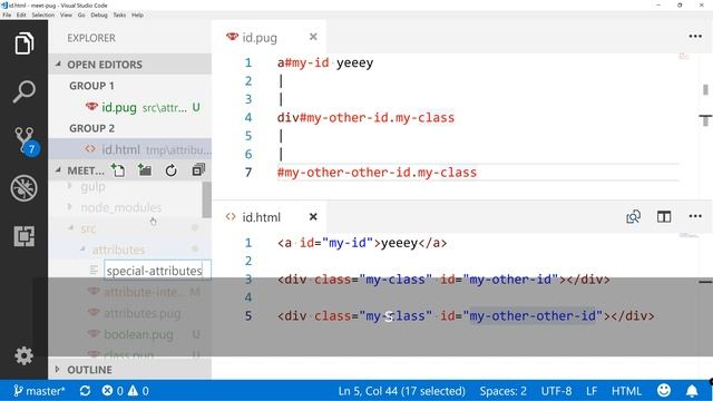 How do you write ID and &attributes using PUG - part 5? - Meet Pug 08 смотреть онлайн