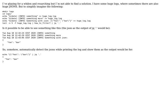 Can I pipe a "tail -f " with mixed data containg JSONs to jq to visualize JSONs? смотреть онлайн