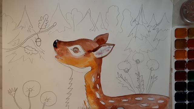 Нарисовать оленёнка просто. Акварельный рисунок смотреть онлайн