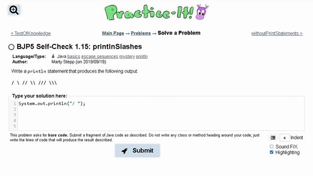 Java Practice-it Introduction to Java Programming | Self-Check 1.15 printlnSlashes смотреть онлайн