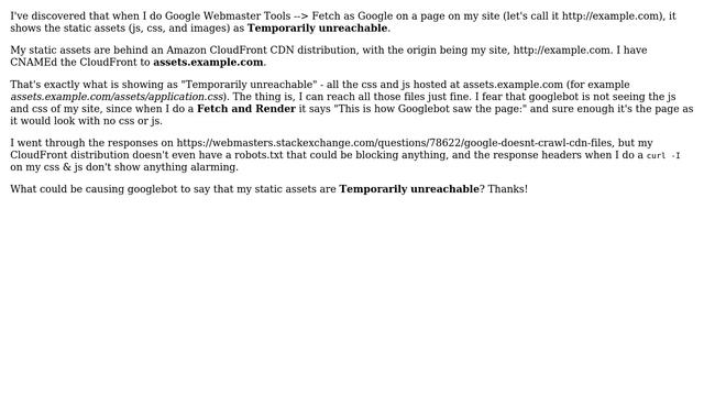 Webmasters: Webmaster Tools "Fetch as Google" doesn't fetch my js/css/images on a CDN смотреть онлайн
