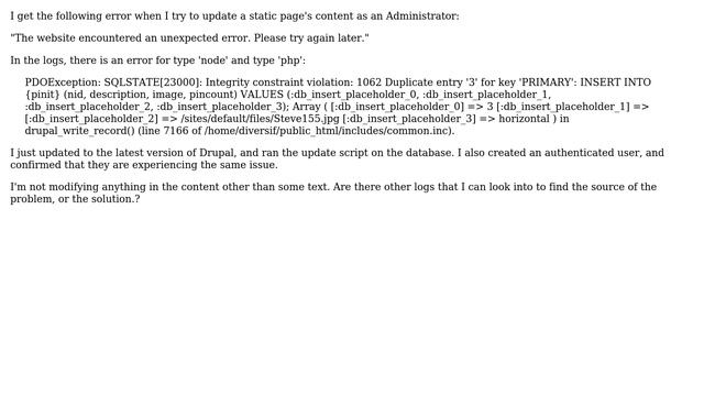 Drupal: Receive the error PDOException: SQLSTATE[23000] when trying to update some content text смотреть онлайн