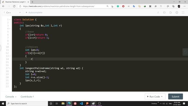 LeetCode 1771 Maximize Palindrome Length From Subsequences | Weekly Contest 229 | C++ смотреть онлайн