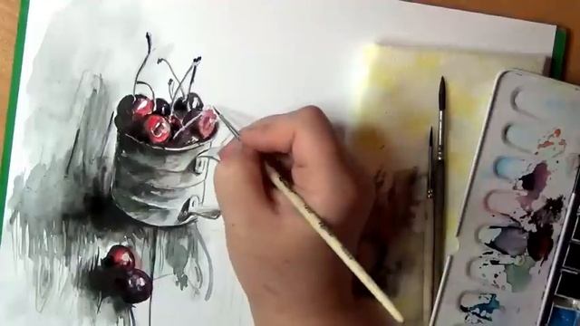 РИСУЮ ЧЕРЕШНЮ АКВАРЕЛЬЮ/ЧЕРЕШНЯ/ХУДОЖЕСТВЕННАЯ РОСПИСЬ/РИСУНОК ЧЕРЕШНИ/ смотреть онлайн
