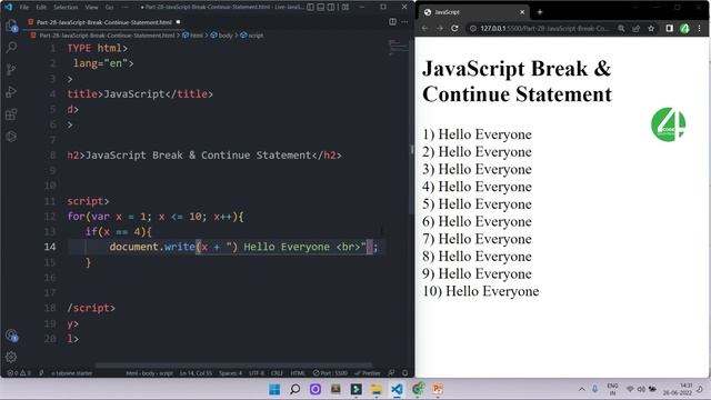 JavaScript Tutorial In Hindi | JavaScript Break & Continue Statement | JavaScript In Hindi | #28 смотреть онлайн