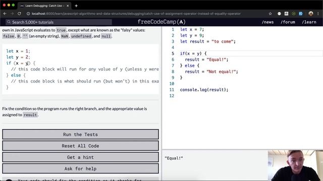 Catch Use of Assignment Operator Instead of Equality Operator - Debugging - Free Code Camp смотреть онлайн