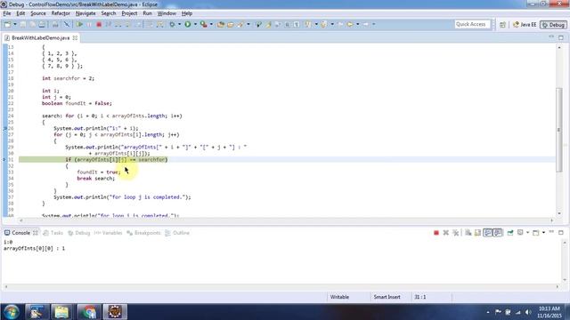What is a break with Label (Array search) in Java? | Java Tutorial смотреть онлайн