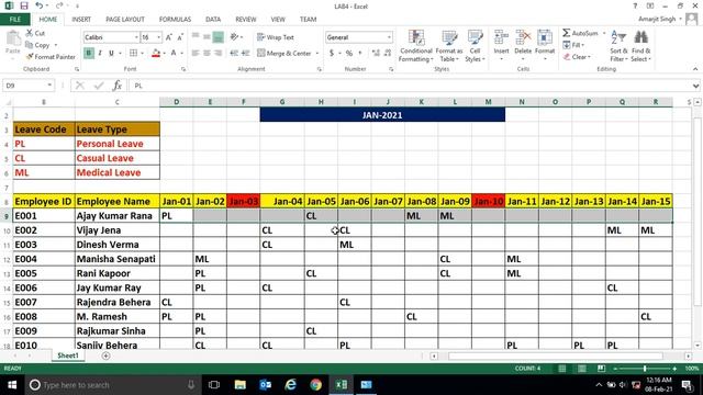 MS-Excel - Lab-44 - How To Maintain Employee Leave in Excel ( COUNTIF () ) смотреть онлайн