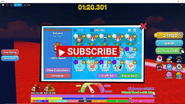 Race Clicker Beat 15QD at 185 Max Rebirth WOW | Roblox смотреть онлайн