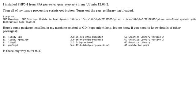 Ubuntu: PHP5.4 Unable to load dynamic library gd.so undefined symbol: gdGetC смотреть онлайн