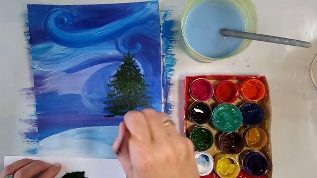 Как нарисовать зимний пейзаж Елки в снегу #Маленький_художник смотреть онлайн