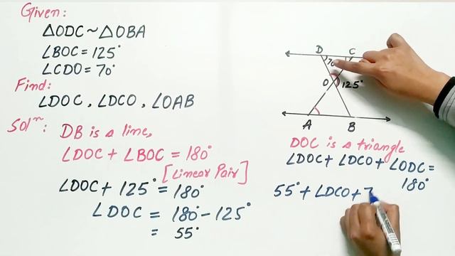 In figure, ΔODC ~ ΔOBA, ∠BOC = 125 and ∠CDO = 70 Find ∠DOC, ∠DCO and ∠OAB | Q2 EX 6.3 class 10 смотреть онлайн