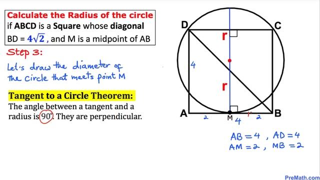Calculate the Radius of a Circle when Given the Diagonal & Midpoint of a Square | Easy Explanation смотреть онлайн