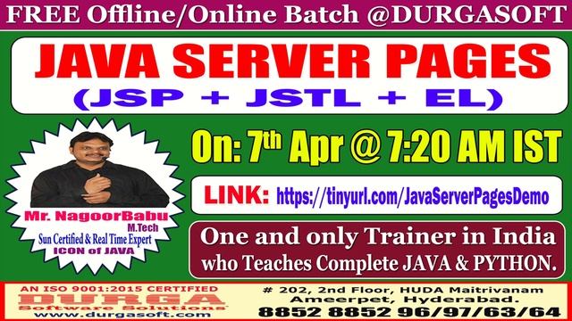 JAVA SERVER PAGES (FREE Batch) Offline/Online Training @ DURGASOFT смотреть онлайн