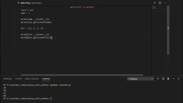 #10 GETSIZEOF METHOD || __SIZEOF__ METHOD || SYS MODULE || GENERATOR VS LIST || play with python смотреть онлайн
