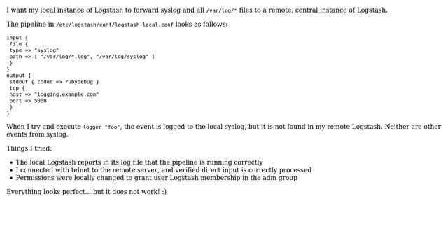 Local Logstash failing to forward /var/log/syslog to central Logstash смотреть онлайн
