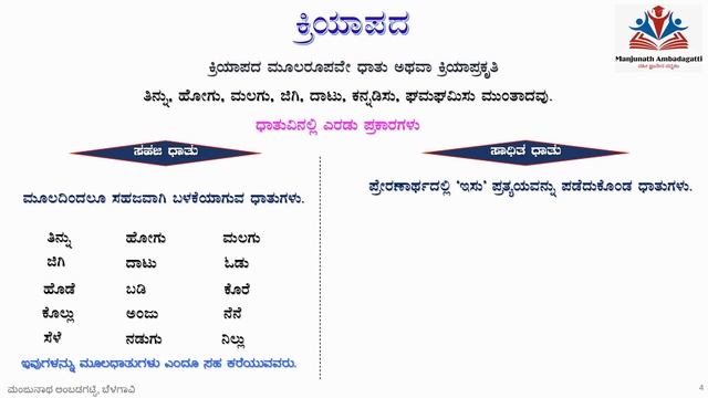 Kannada Grammar Part 14 Kriyapada (Dhatu) ಕನ್ನಡ ವ್ಯಾಕರಣ ಭಾಗ ೧೪ ಕ್ರಿಯಾಪದ ಧಾತು