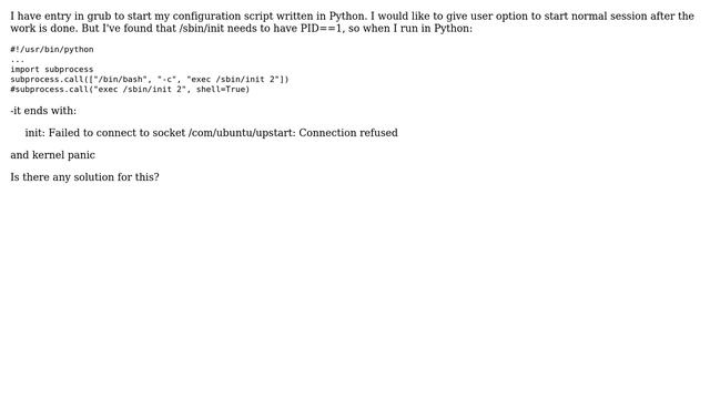 Ubuntu: How to run normal session from user script after passing init=MY_SCRIPT in grub entry? смотреть онлайн