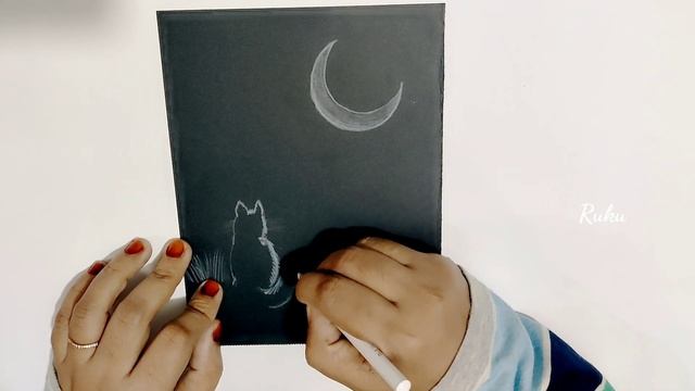 Easy Cat Drawing On Black Paper | Black And White Drawing | Black Paper Drawing | Cat On Black Pape