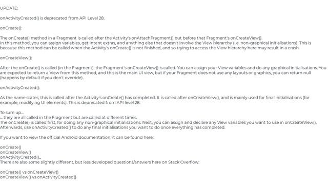 Difference and uses of onCreate(), onCreateView() and onActivityCreated() in fragments(2solution) смотреть онлайн