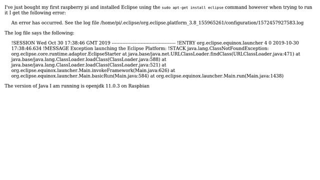 Eclipse won't start on raspberry pi 4 - "An error has occurred. See the log file" смотреть онлайн