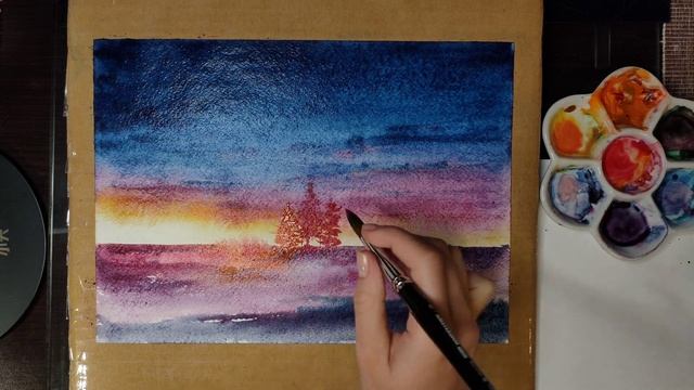 Картина акварелью ~ Лесной пейзаж ~ Закат ~ Ночное небо смотреть онлайн