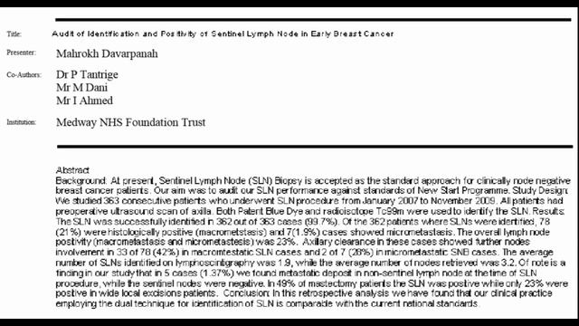 Audit of Sentinel Lymph Node Biopsy in Early Breast Cancer Medway Maritime Hospital 2007 to 2009 смотреть онлайн