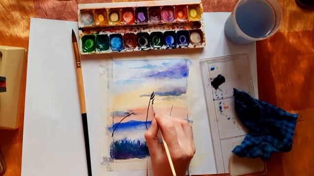 Рисую акварелью закат пейзаж с силуэтами травы для начинающих легкий