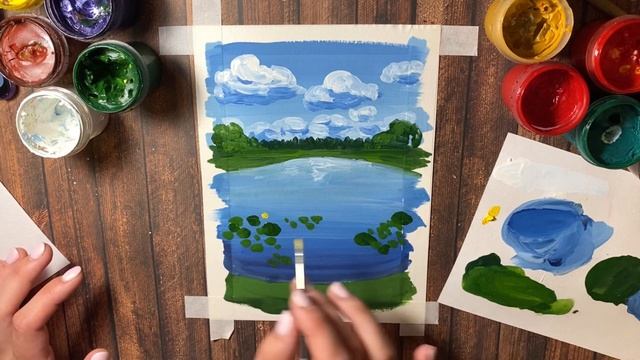 Как легко нарисовать лето. Рисуем гуашью лес и озеро с кувшинками смотреть онлайн