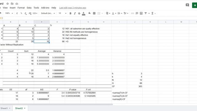 Google sheet - Two way ANOVA смотреть онлайн