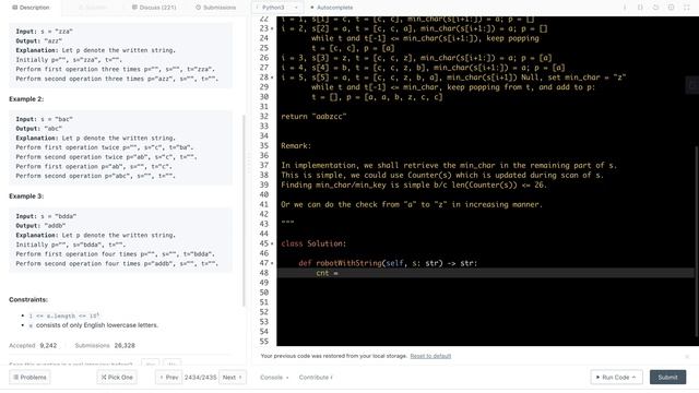 leetcode 2434. Using a Robot to Print the Lexicographically Smallest String - stack and dict check смотреть онлайн