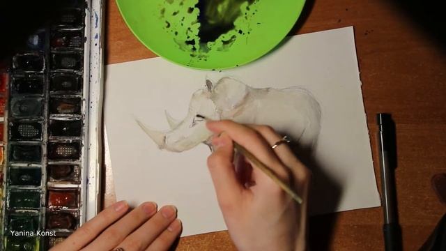 Рисуем животных.Рисуем носорога.Рисуем акварелью и гелевой ручкой.Drawing animals. смотреть онлайн