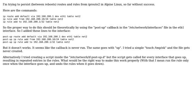 How to persist iproute2 routes and rules in Alpine Linux? смотреть онлайн